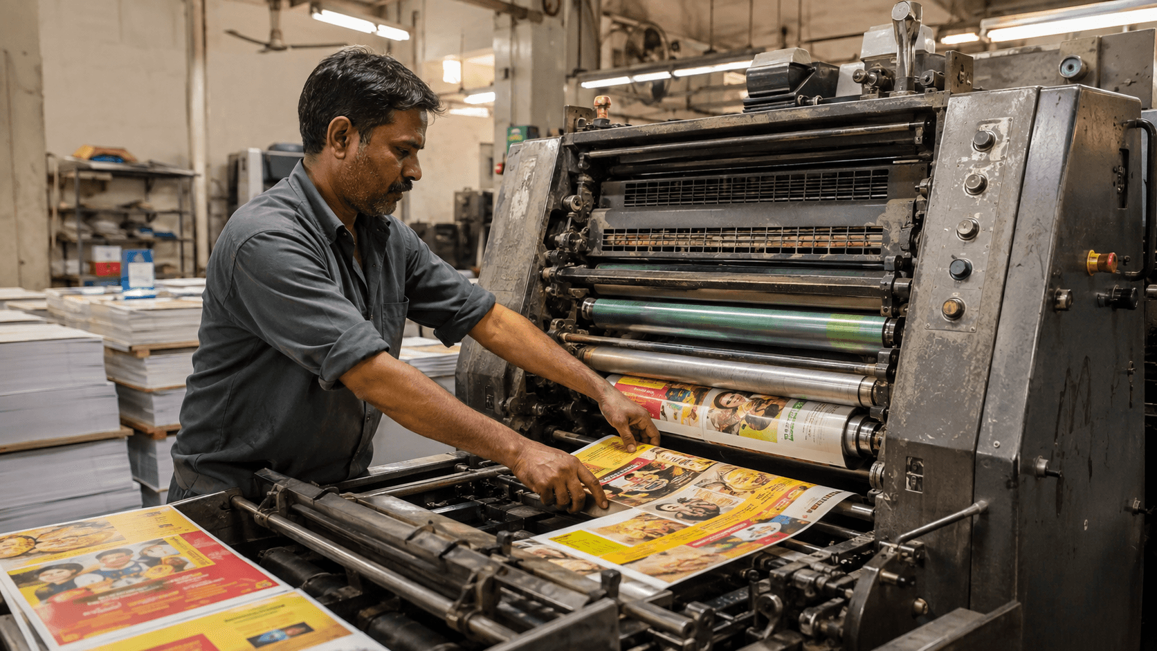 An Indian offset-print operator working at a commercial press