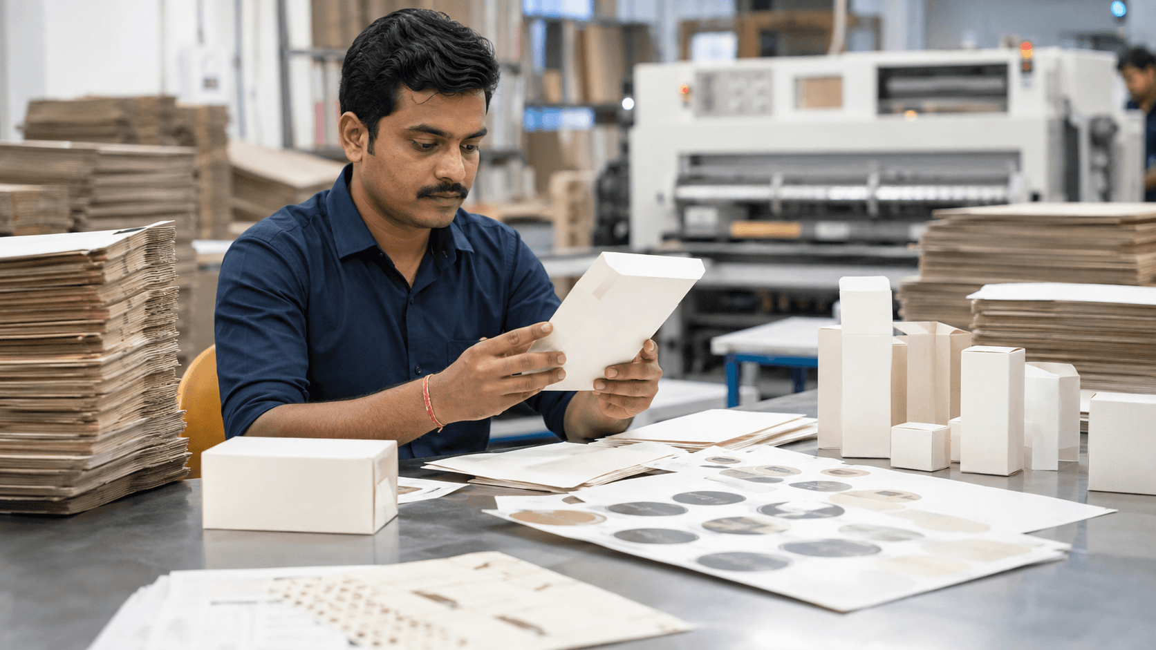 An Indian production worker checking printed packaging and label sheets