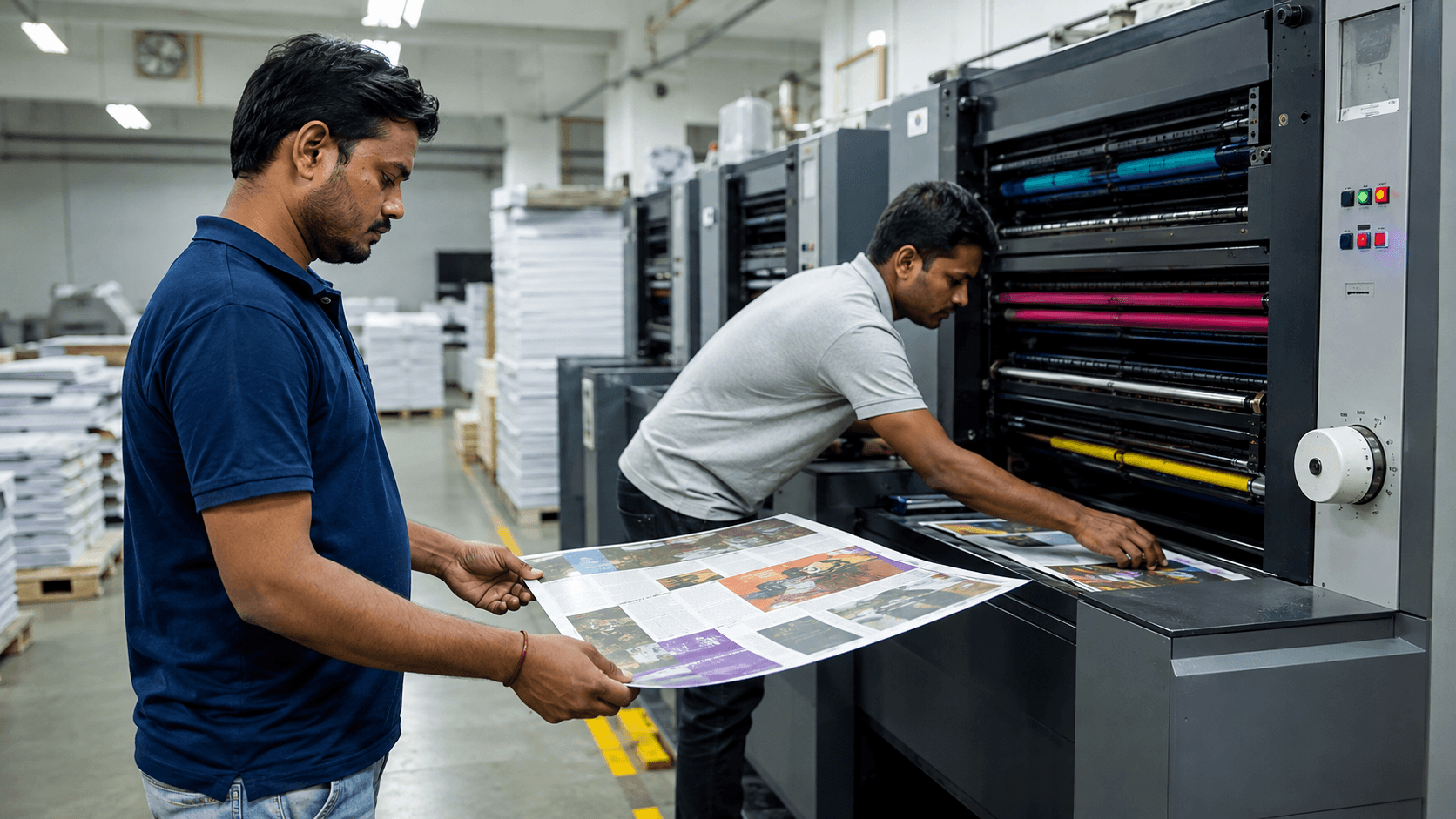 Indian technicians operating an offset printing press